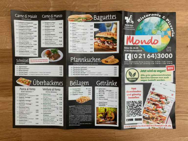 Vegane Karte der Pizzeria Mondo - Seite 1