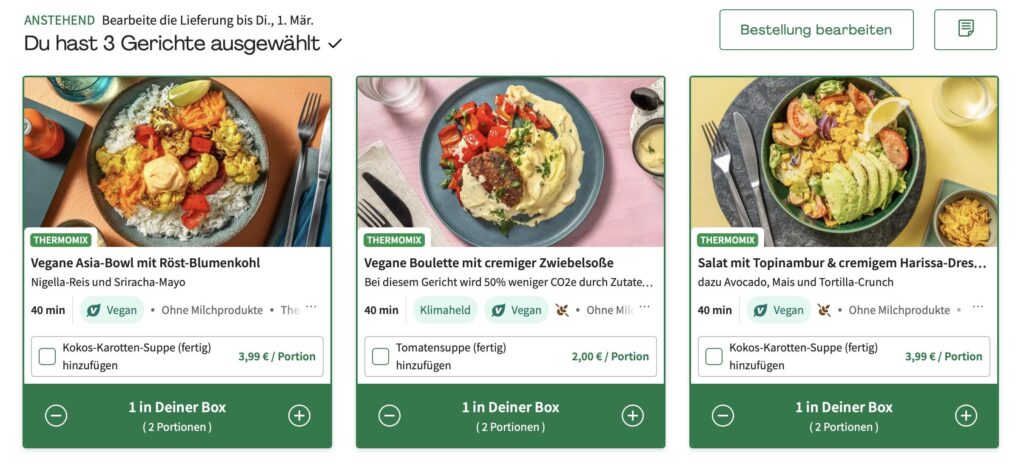 Vegane Gerichte-Auswahl bei HelloFresh